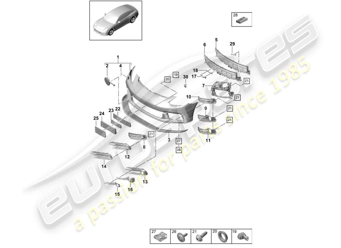 porsche 2021 (panamera 971-1) diagramma base delle parti del paraurti anteriore