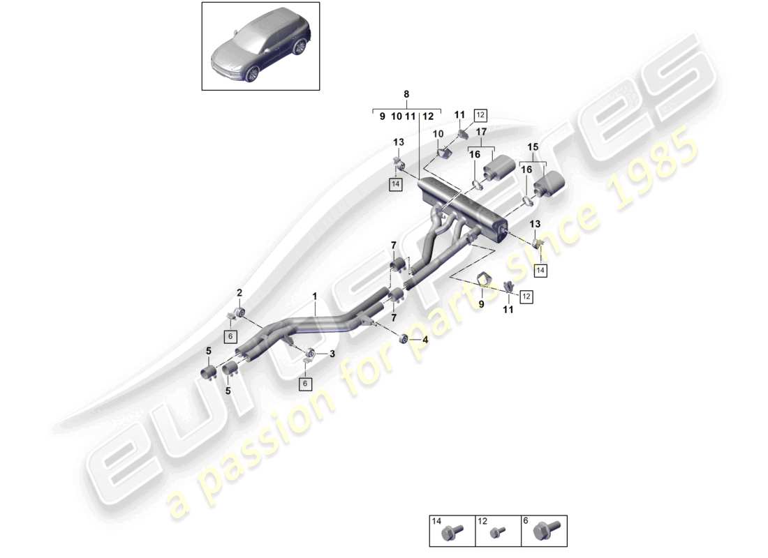 porsche 2022 (cayenne e3 9ya/9yb) sistema di scarico versione sportiva silenziatore anteriore in titanio silenziatore posteriore terminale di scarico schema dei componenti