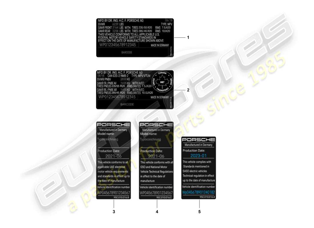 porsche 2025 (macan-e) etichetta dati certificato di sicurezza diagramma delle parti
