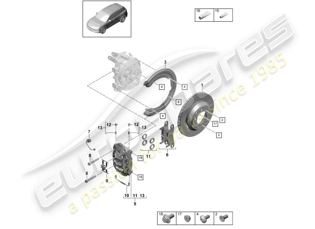 porsche 2022 (cayenne e3 9ya/9yb) freno a disco 18 asse posteriore argento schema delle parti
