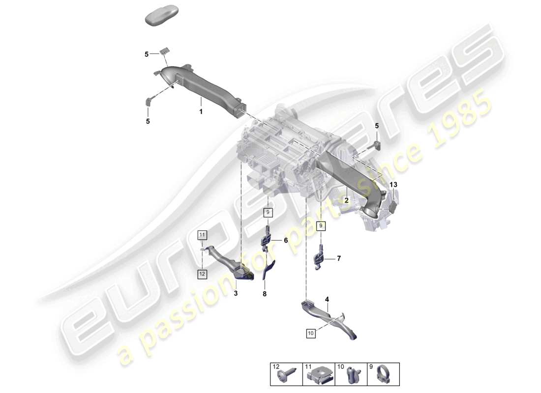porsche 2025 (panamera 976) schema delle parti del cruscotto della guida dell'aria del sistema di riscaldamento e aria condizionata