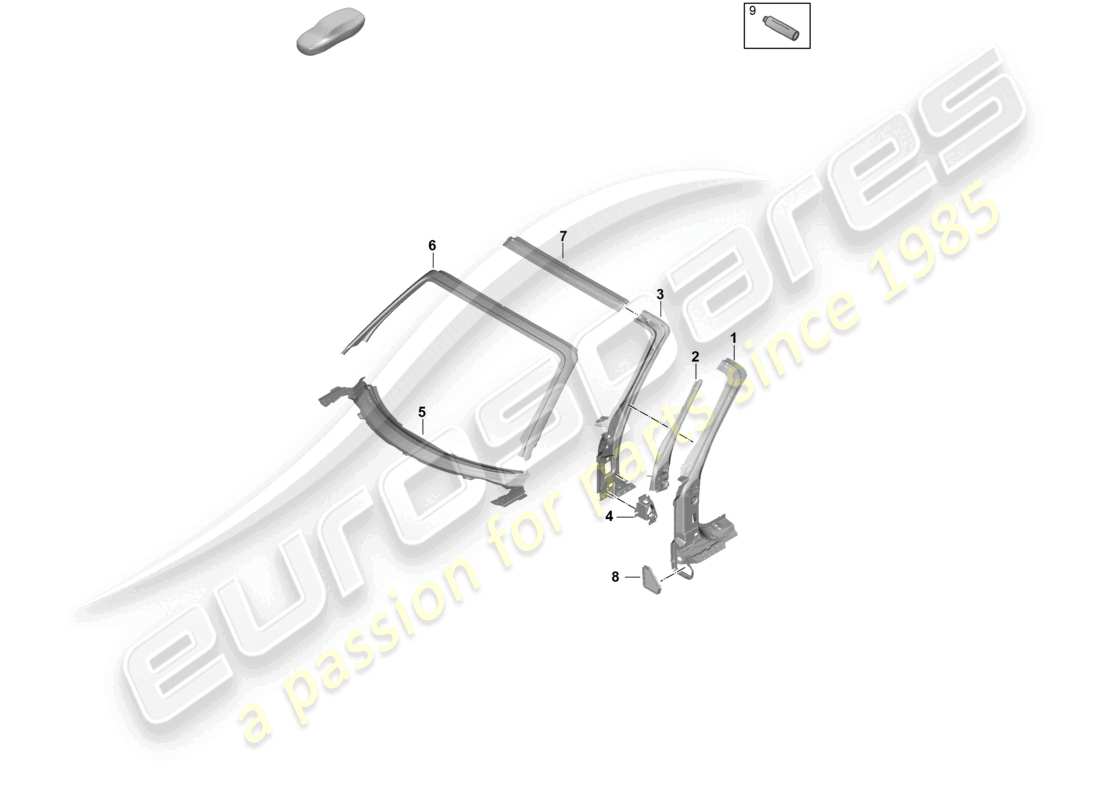 porsche 2024 (992-2) schema dei componenti del portellone posteriore del montante a cabriolet targa