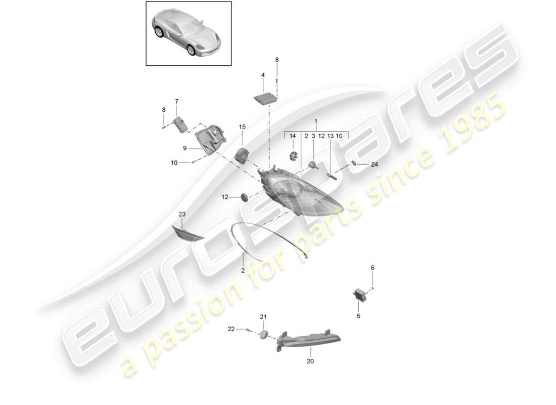 porsche 2023 (718 cayman) fari anteriori faro supplementare indicatore di direzione luce di posizione laterale ripetitore di direzione schema delle parti