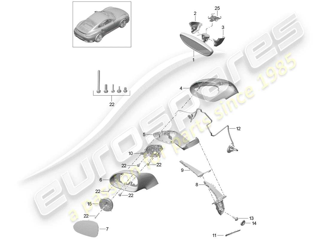 porsche 991 turbo (2018) schema delle parti specchio retrovisore interno