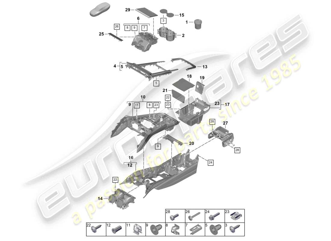 porsche 2026 (panamera 976) schema delle parti anteriori della consolle centrale