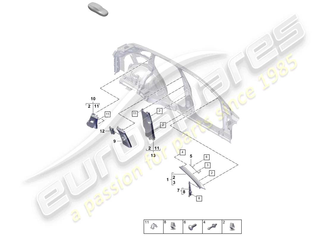 porsche 2026 (cayenne e3 pa) schema delle parti del rivestimento e dell'elemento di deformazione del montante a superiore del montante b del montante c