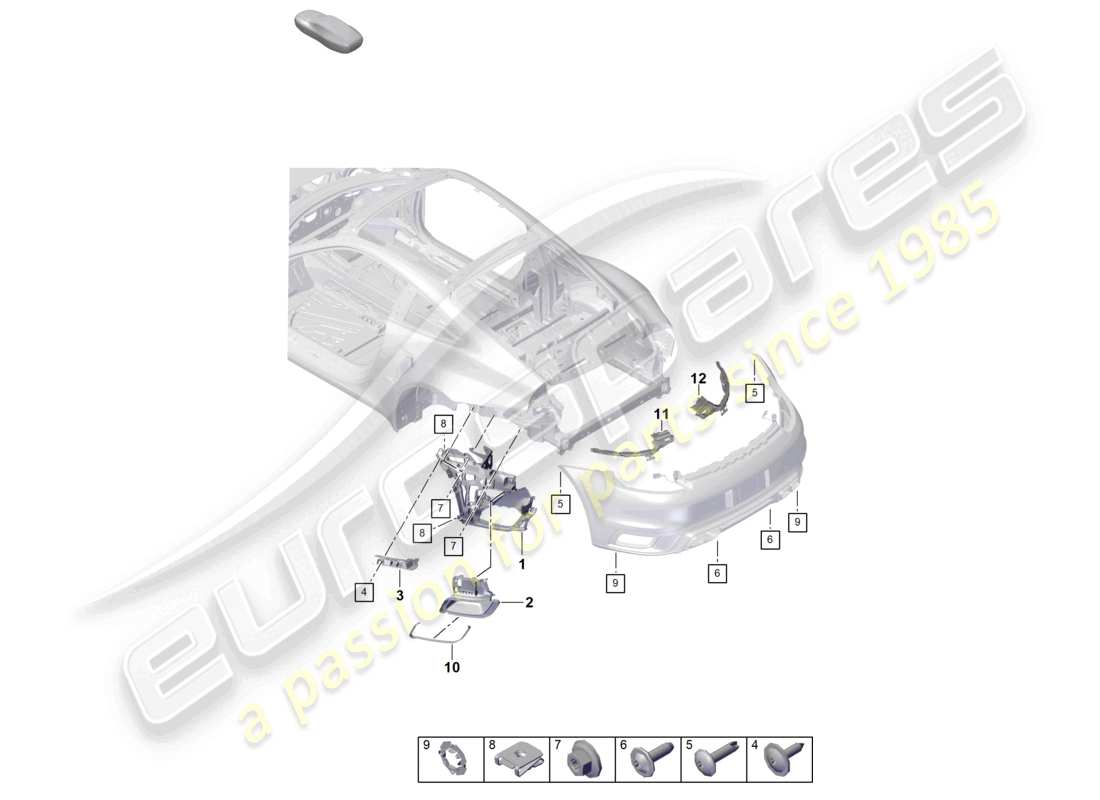 porsche 2022 (992-1) diagramma delle parti dei dispositivi di fissaggio del paraurti posteriore