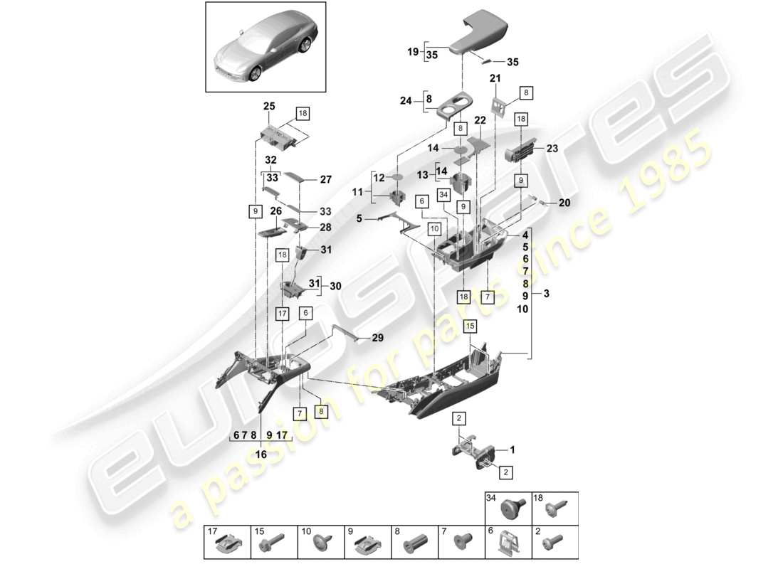 porsche 2021 (panamera 971-1) schema delle parti anteriori della consolle centrale