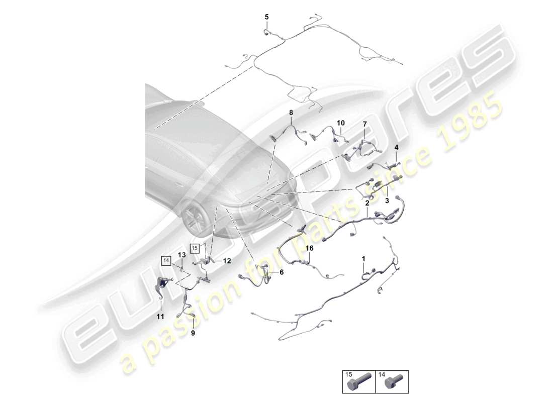porsche 2026 (panamera 976) cablaggi paraurti posteriore cablaggio per sistema frenante antibloccaggio - abs - cablaggio per sospensioni autolivellanti rivestimento del tetto cofano posteriore spoiler posteriore schema delle parti