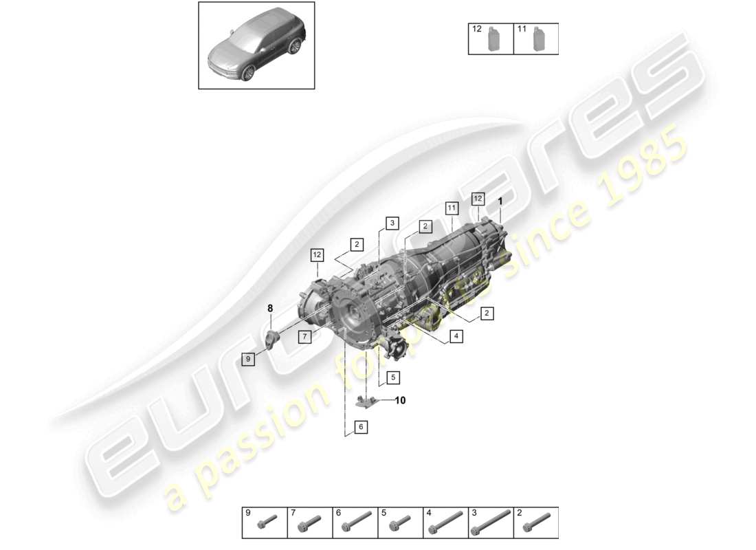 porsche 2023 (cayenne e3 9ya/9yb) 8-speed cambio automatico per veicoli con trazione ibrida, montaggio di componenti per motore e trasmissione schema dei componenti