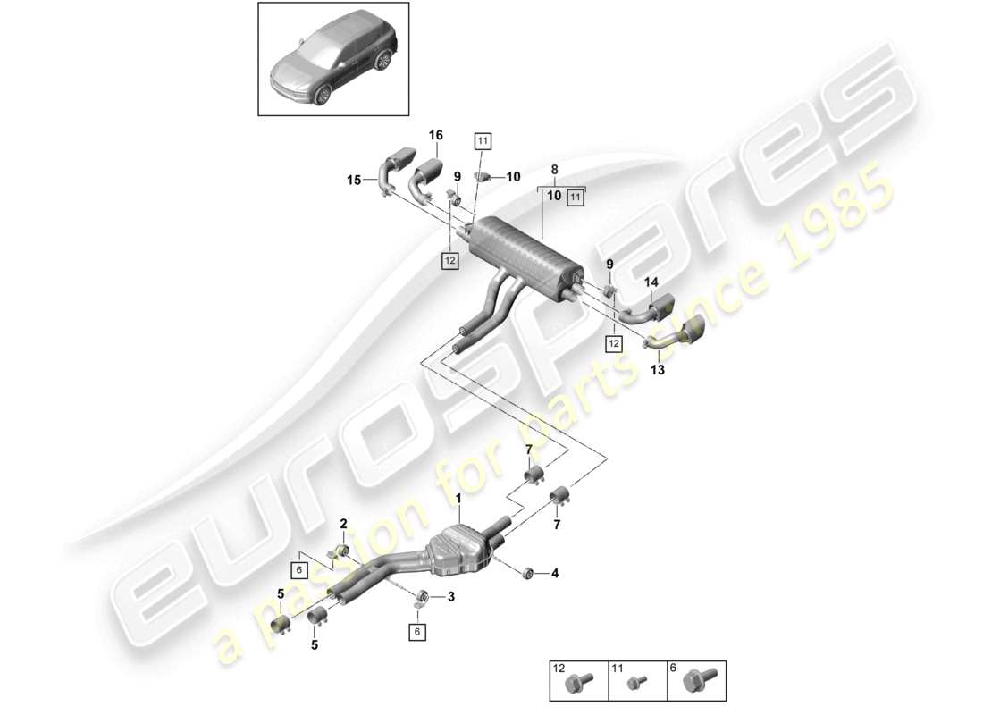 porsche 2023 (cayenne e3 9ya/9yb) sistema di scarico silenziatore anteriore silenziatore posteriore terminale di scarico diagramma delle parti