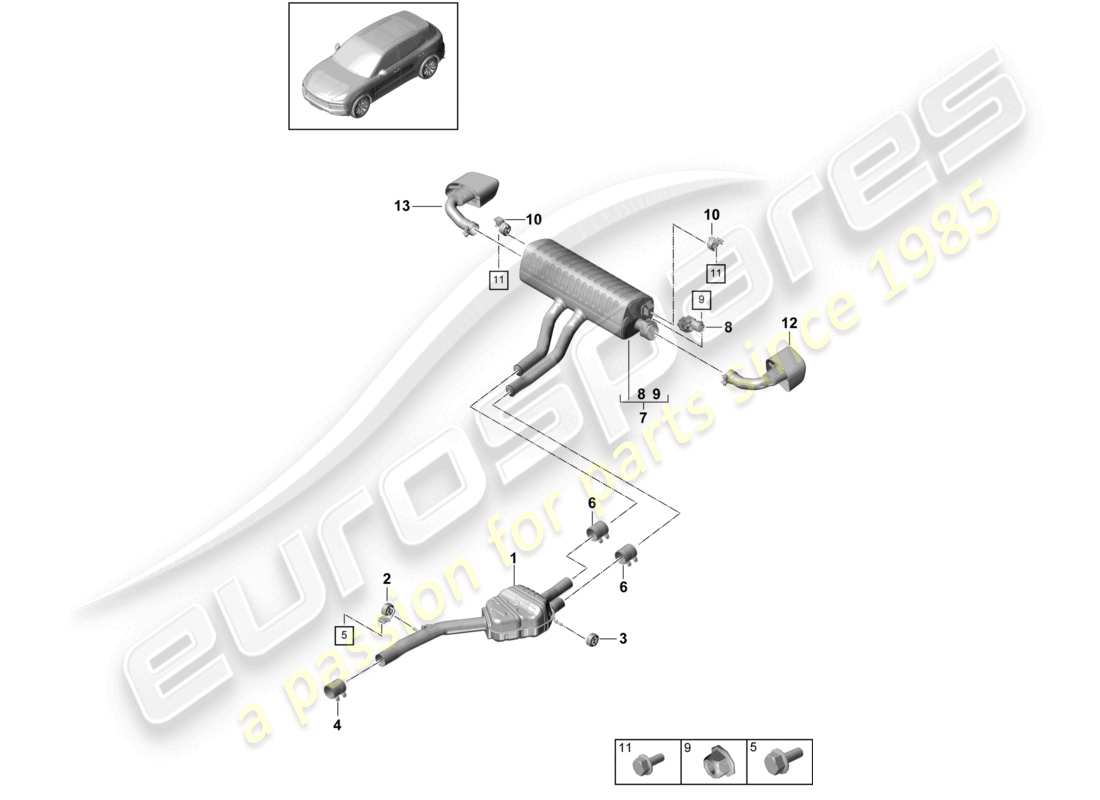 porsche 2023 (cayenne e3 9ya/9yb) sistema di scarico silenziatore anteriore silenziatore posteriore terminale di scarico diagramma delle parti