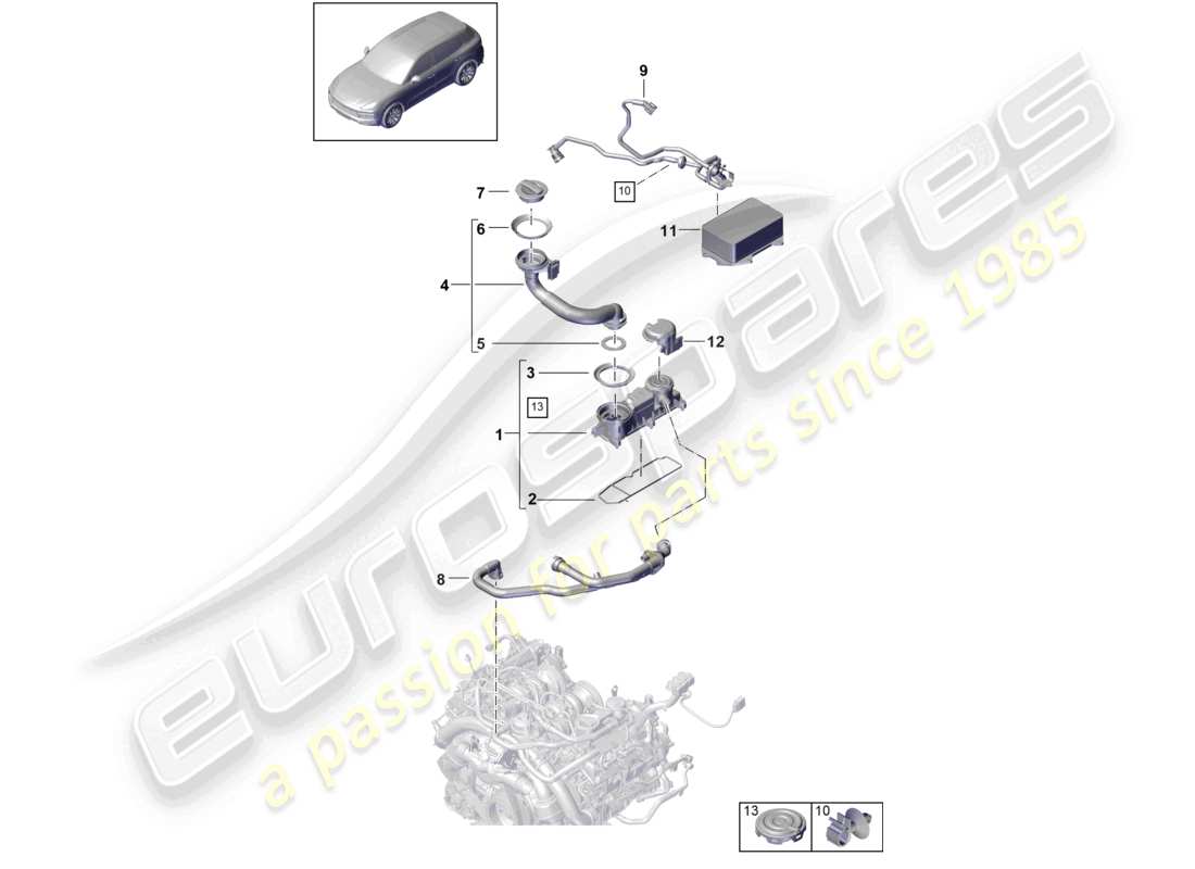 porsche 2022 (cayenne e3 9ya/9yb) schema delle parti di ventilazione per il separatore dell'olio del blocco cilindri