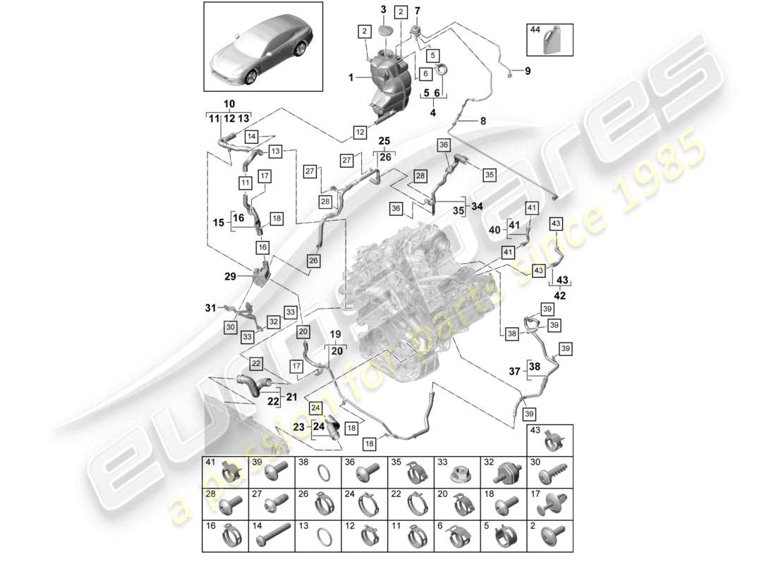 porsche 2021 (panamera 971-1) sistema di raffreddamento del liquido di raffreddamento serbatoio di espansione del liquido di raffreddamento linea di sfiato per modelli con riscaldatore supplementare schema dei componenti