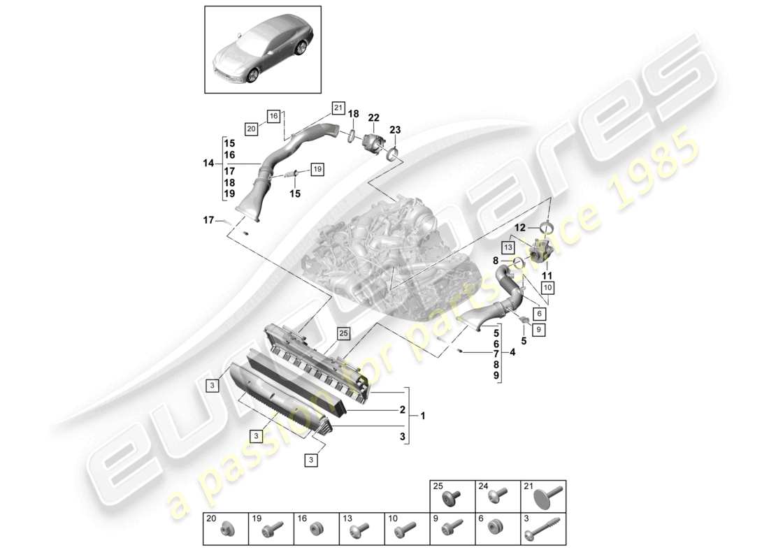 porsche 2021 (panamera 971-1) schema delle parti del tubo di aspirazione dell'alloggiamento del filtro dell'aria