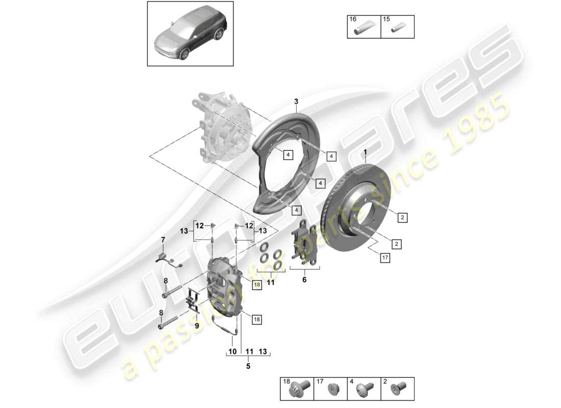 porsche 2023 (cayenne e3 9ya/9yb) freno a disco 20 schema delle parti dell'asse posteriore