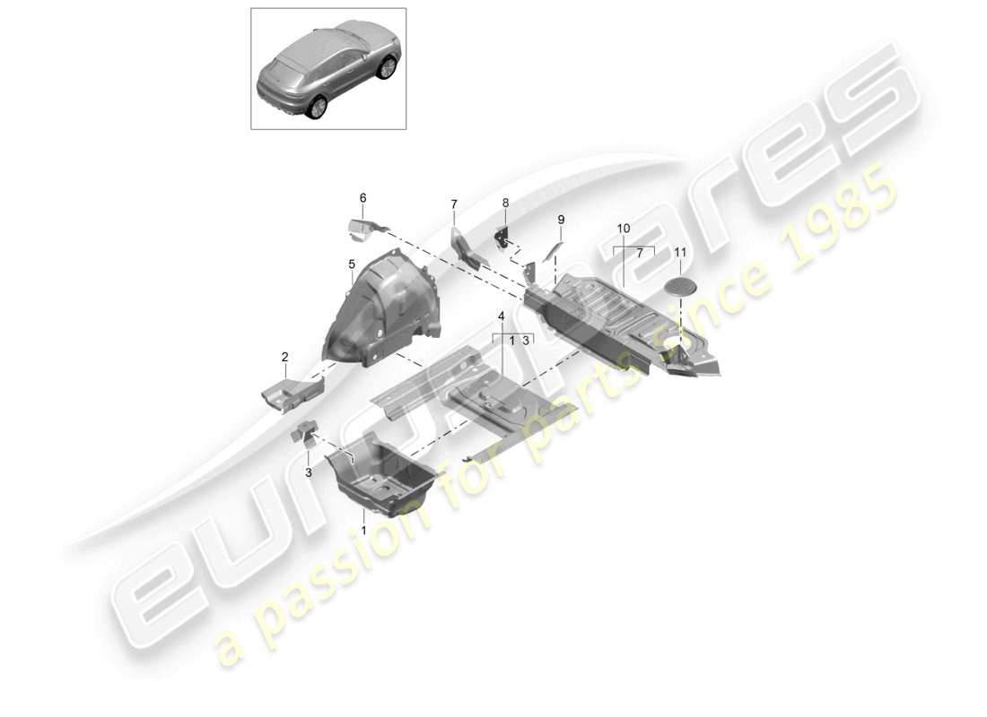 porsche 2021 (macan) schema delle parti del passaruota posteriore della piastra inferiore