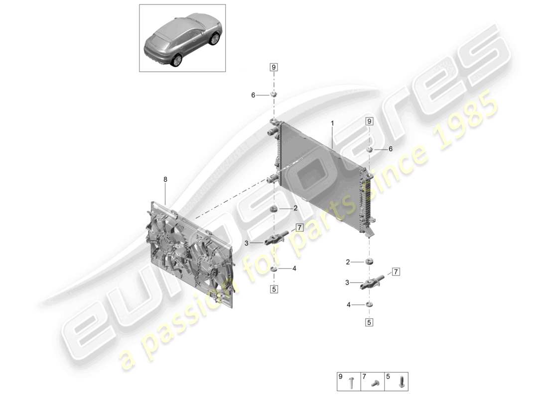 porsche 2021 (macan) sistema di raffreddamento del liquido di raffreddamento raffreddatore per liquido di raffreddamento diagramma delle parti