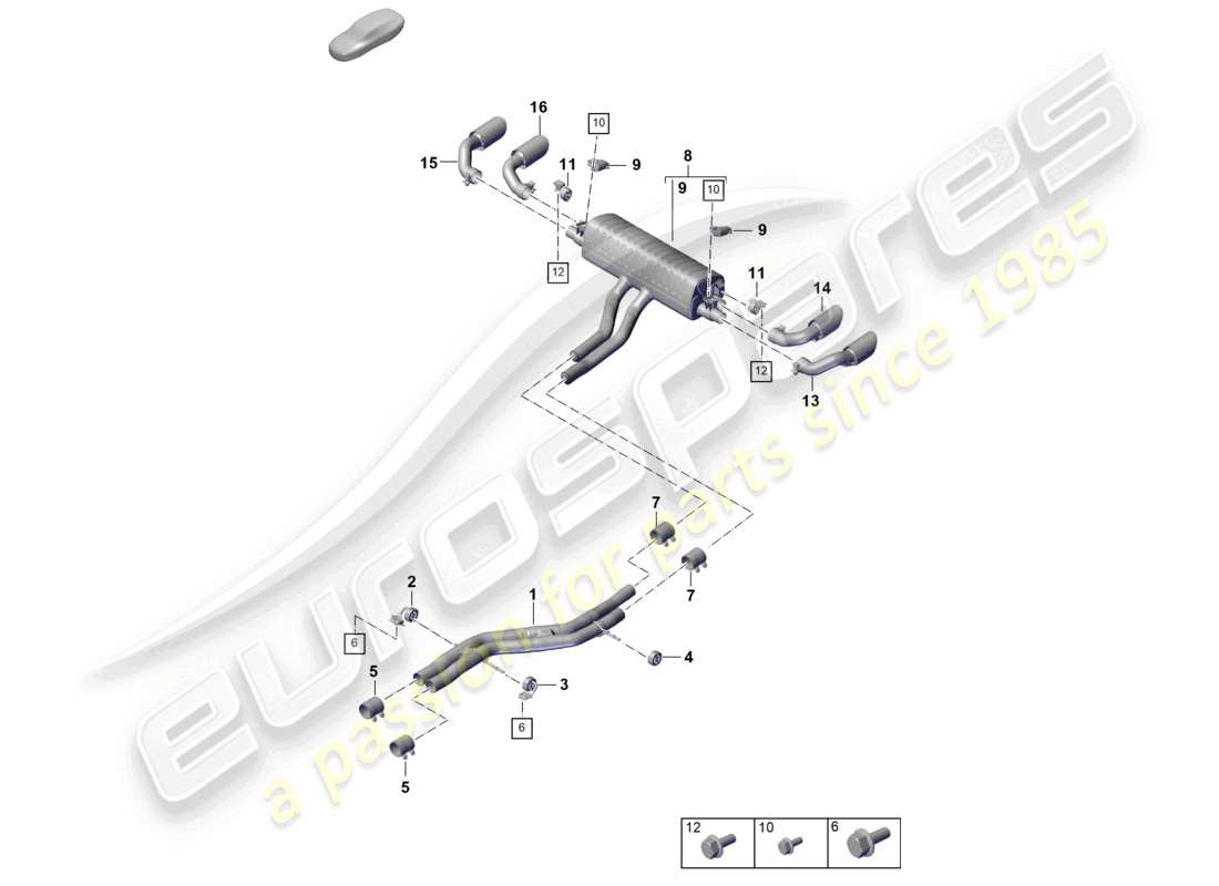 porsche 2025 (cayenne e3 pa) sistema di scarico versione sportiva silenziatore anteriore silenziatore posteriore terminale di scarico schema dei componenti