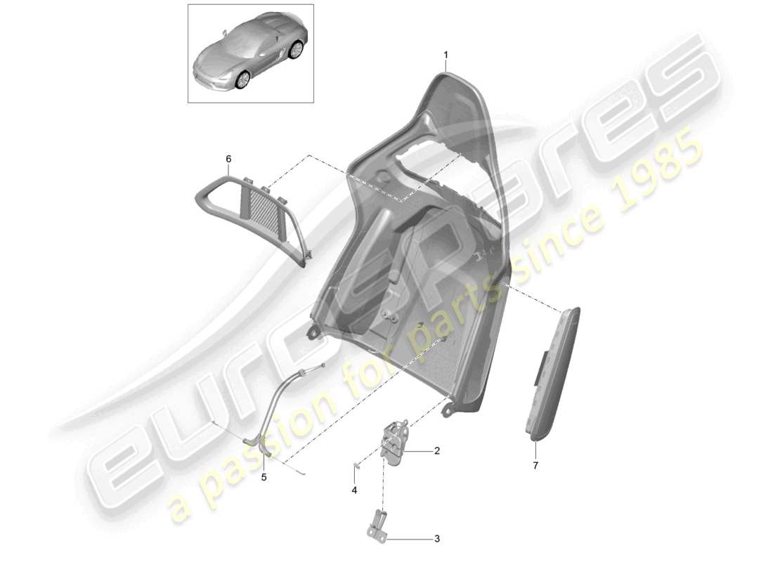 porsche 2023 (718 boxster spyder) schema delle parti degli accessori pieghevoli del sedile a guscio dello schienale