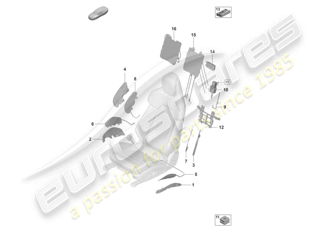 porsche 2020 (taycan 9j1-1) componenti pneumatici per sedili per veicoli con regolazione elettrica del sedile 14-way per modelli con sedili regolabili elettricamente 18-way schema dei componenti