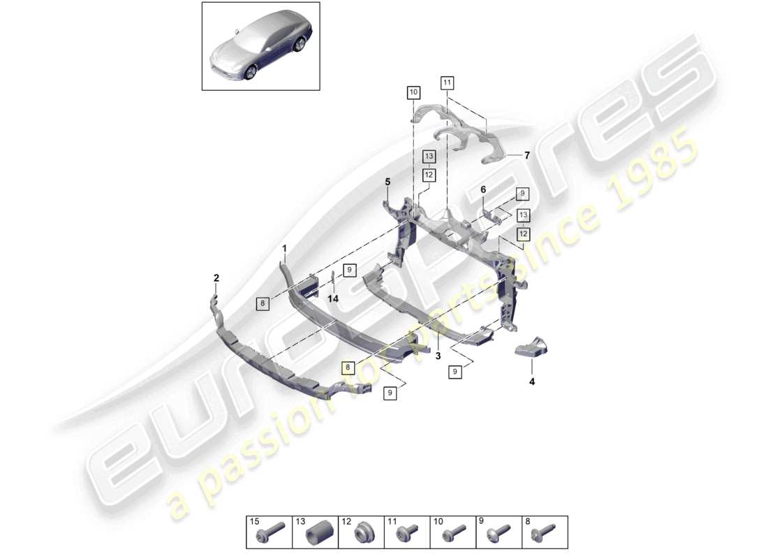 porsche 2021 (panamera 971-1) schema dei componenti del supporto paraurti anteriore e della staffa di montaggio