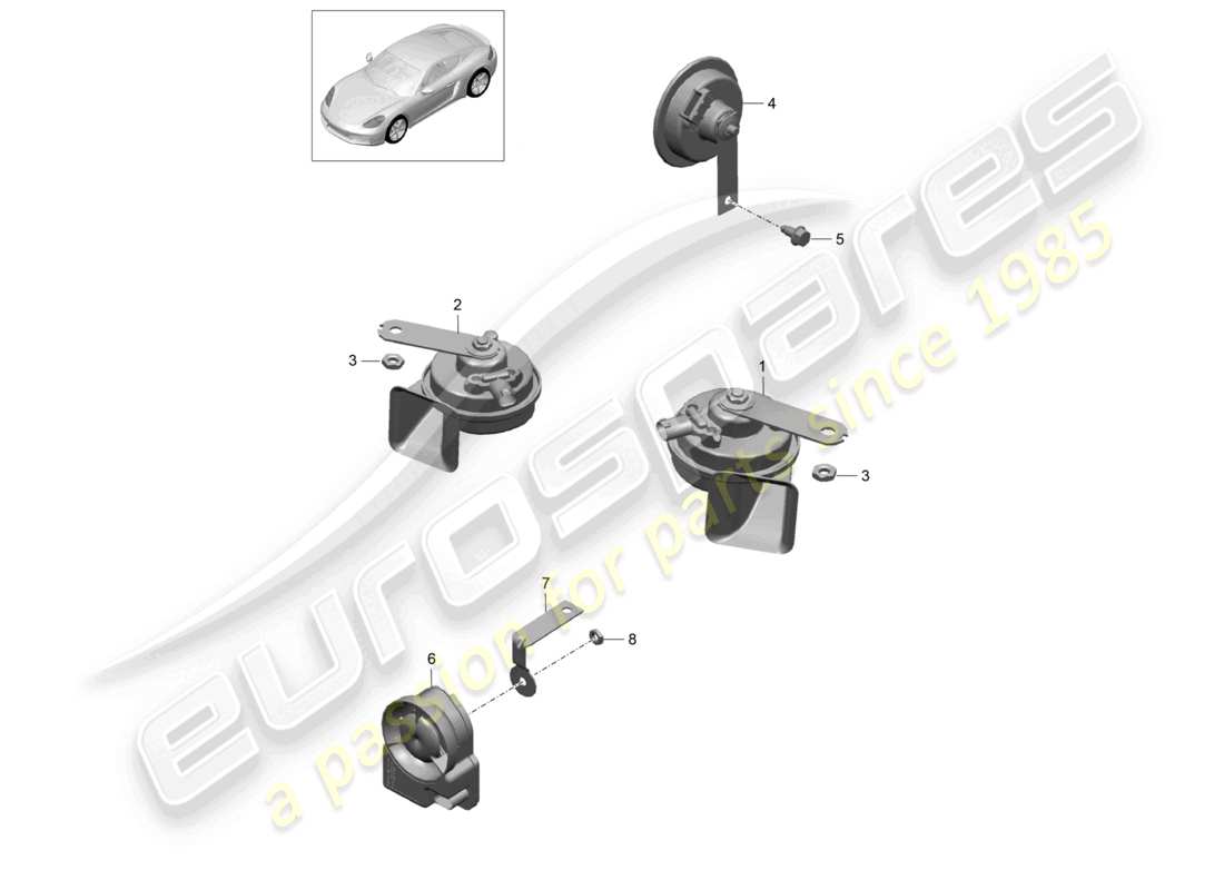 porsche 2023 (718 cayman) schema delle parti del sistema di allarme con sirena di segnalazione fanfare