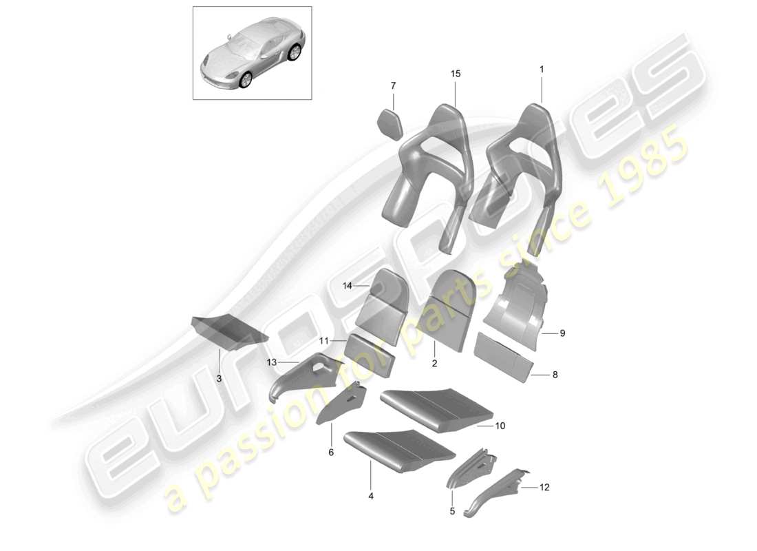 porsche 2023 (718 cayman) parte in schiuma coprisedili pieghevoli coprisedili superficie del sedile e dello schienale sedile a secchiello diagramma delle parti