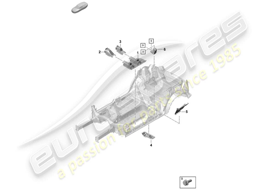 porsche 2026 (cayenne e3 pa) schema delle parti del supporto centrale del sedile anteriore della piastra inferiore