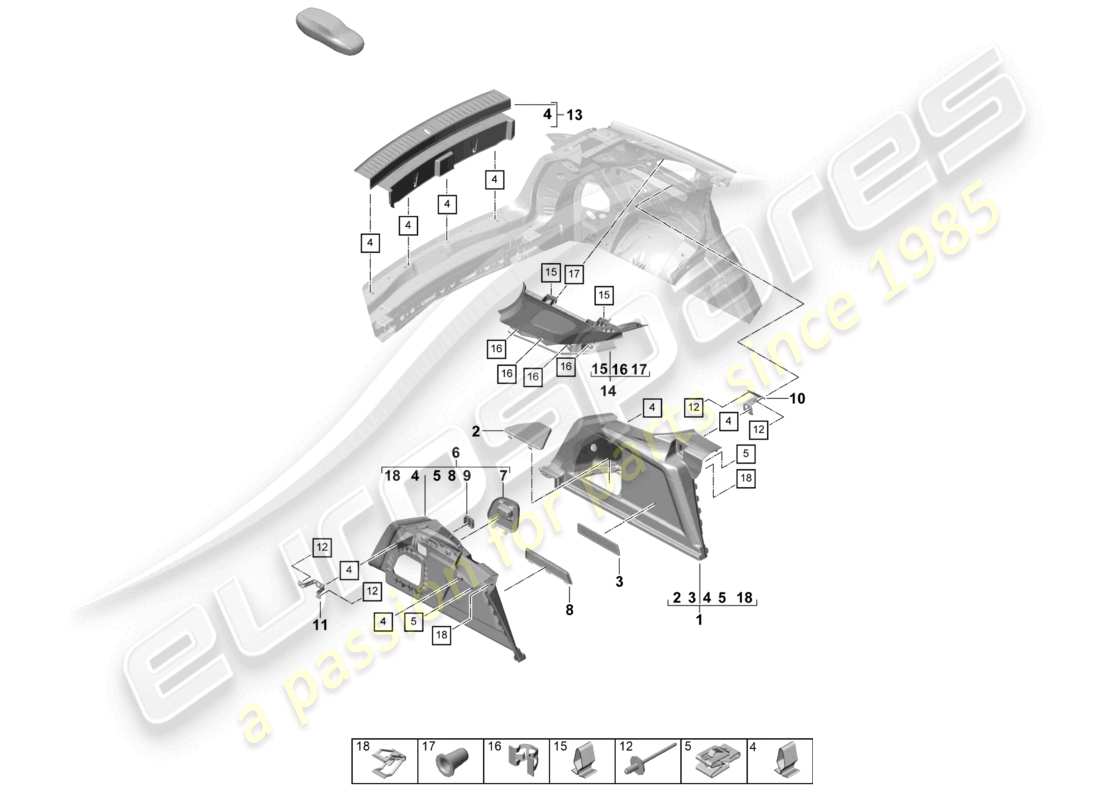 porsche 2025 (cayenne e3 pa) schema delle parti del rivestimento del montante d laterale del rivestimento del vano bagagli