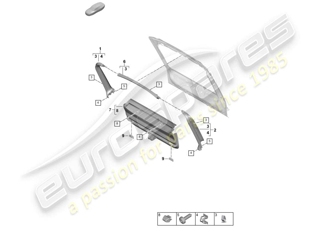 porsche 2025 (panamera 976) schema delle parti del cofano posteriore interno