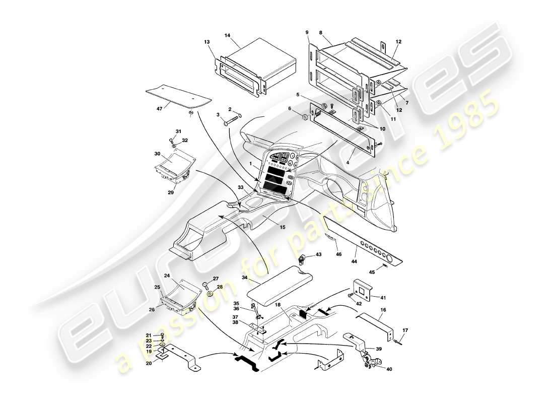 aston martin v8 volante (1997) console centrale e diagramma delle parti di rivestimento