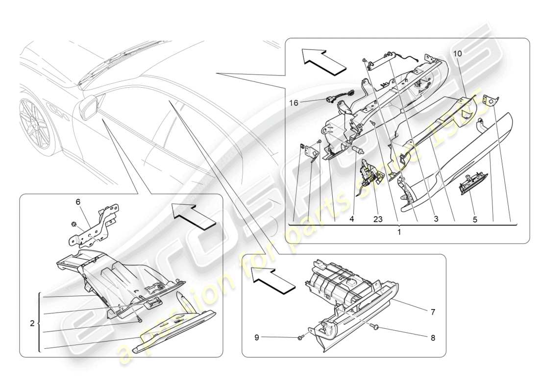 maserati ghibli (2018) diagramma delle parti dei vani portaoggetti