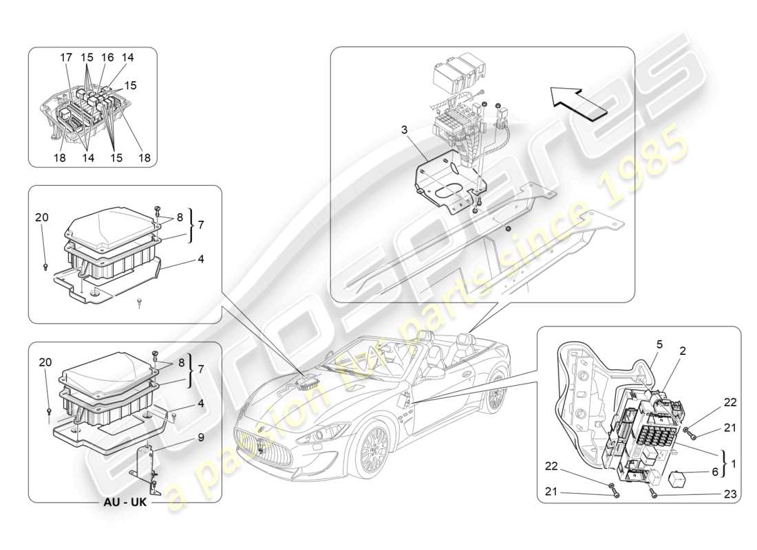 maserati grancabrio mc (2013) schema delle parti di relè, fusibili e scatole