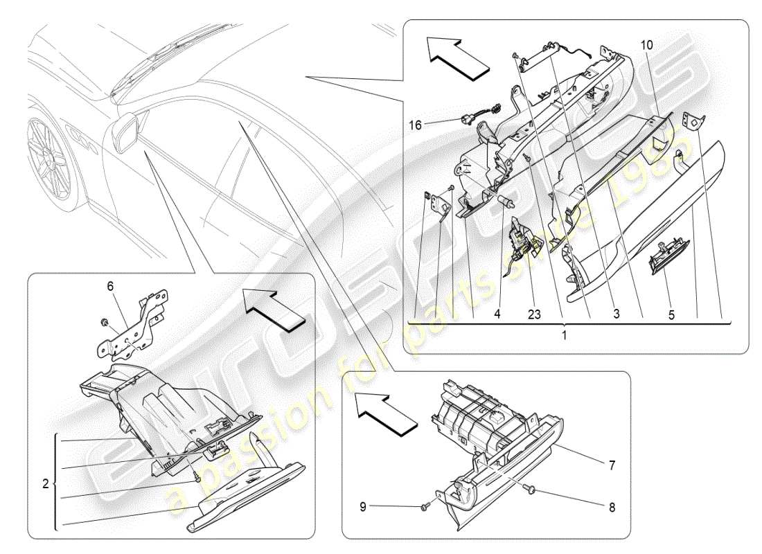 maserati ghibli (2020) diagramma delle parti dei vani portaoggetti