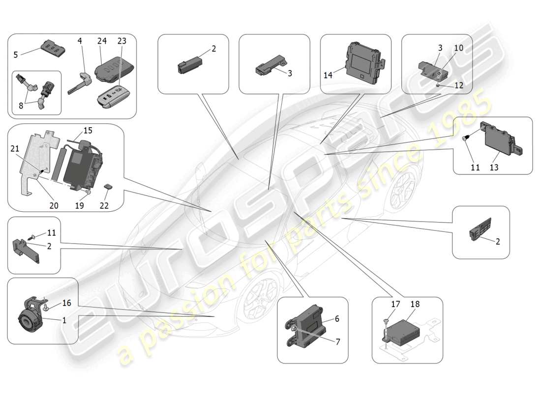 maserati mc20 (2023) impianto d'allarme e immobilizzatore diagramma delle parti
