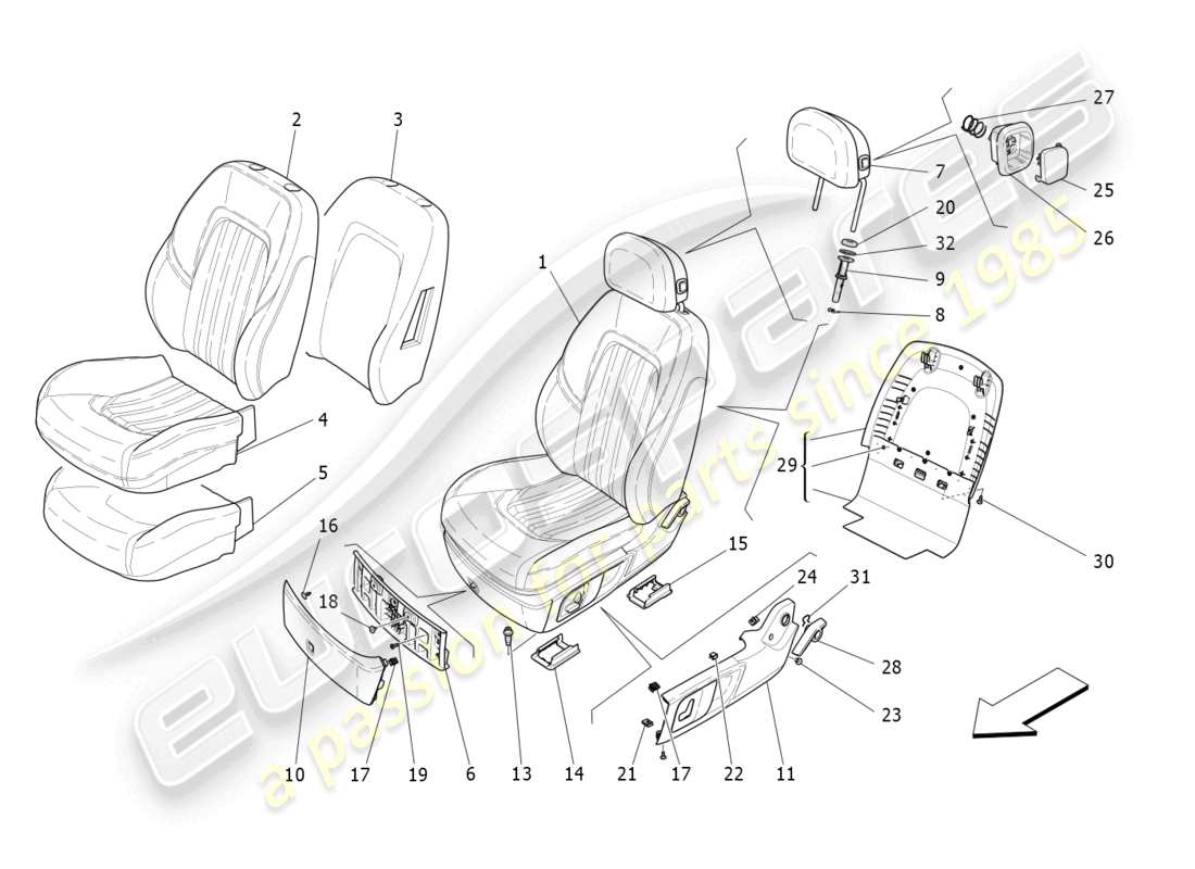maserati ghibli (2017) sedili anteriori: schema delle parti dei pannelli di rivestimento