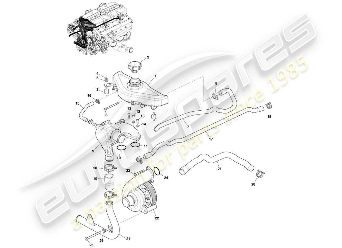 aston martin one-77 (2011) serbatoio di intestazione e pompa dell'acqua diagramma delle parti