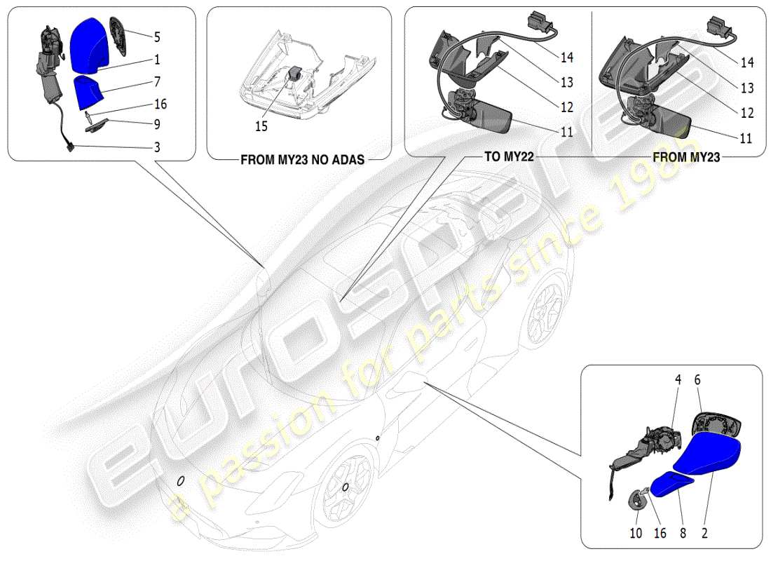 maserati mc20 (2024) specchi retrovisori interni ed esterni diagramma delle parti