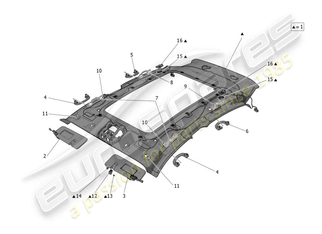 maserati grecale gt (2023) diagramma delle parti del tetto e delle alette parasole