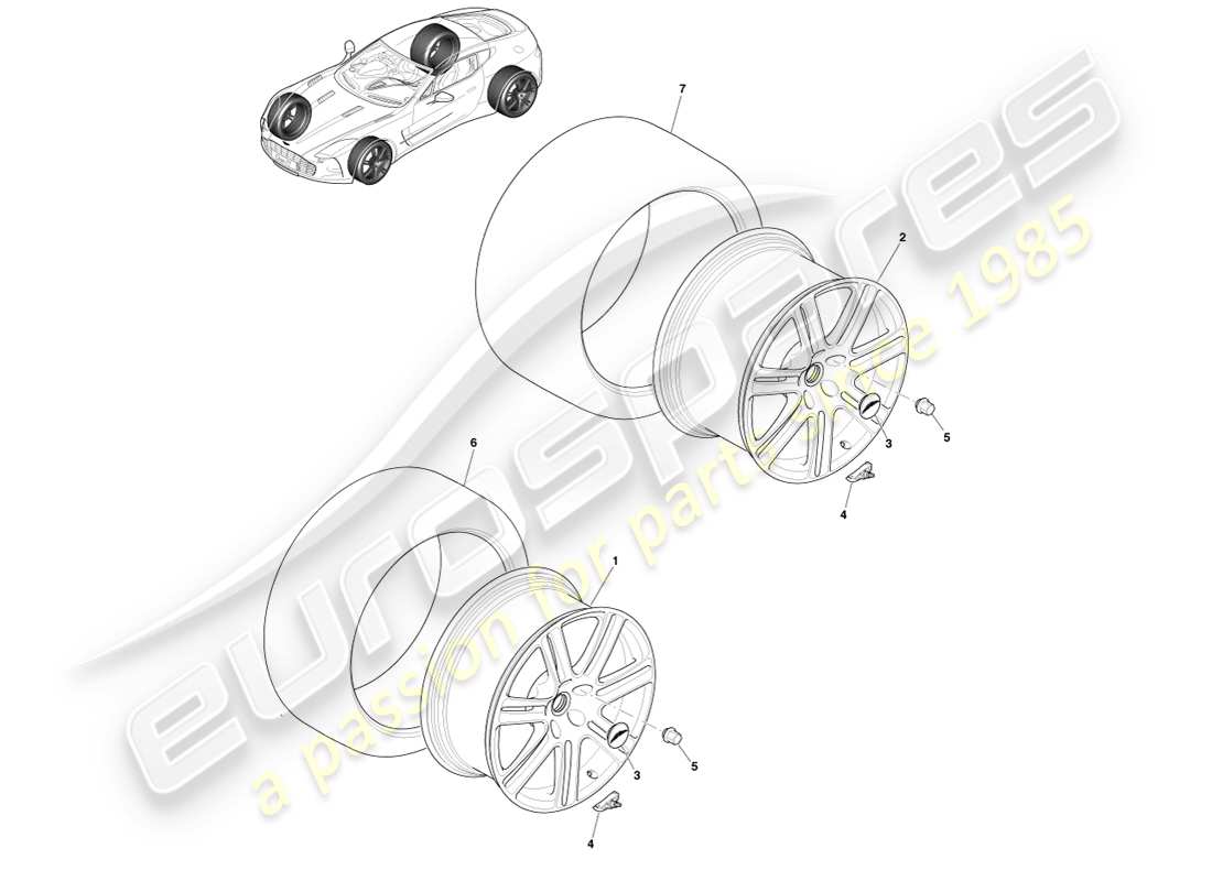 aston martin one-77 (2011) diagramma delle parti di ruote e pneumatici