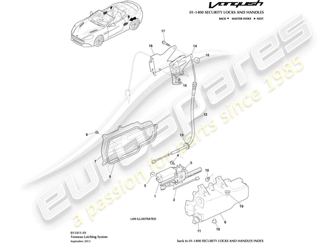 aston martin vanquish (2017) diagramma delle parti delle chiusure del tonneau