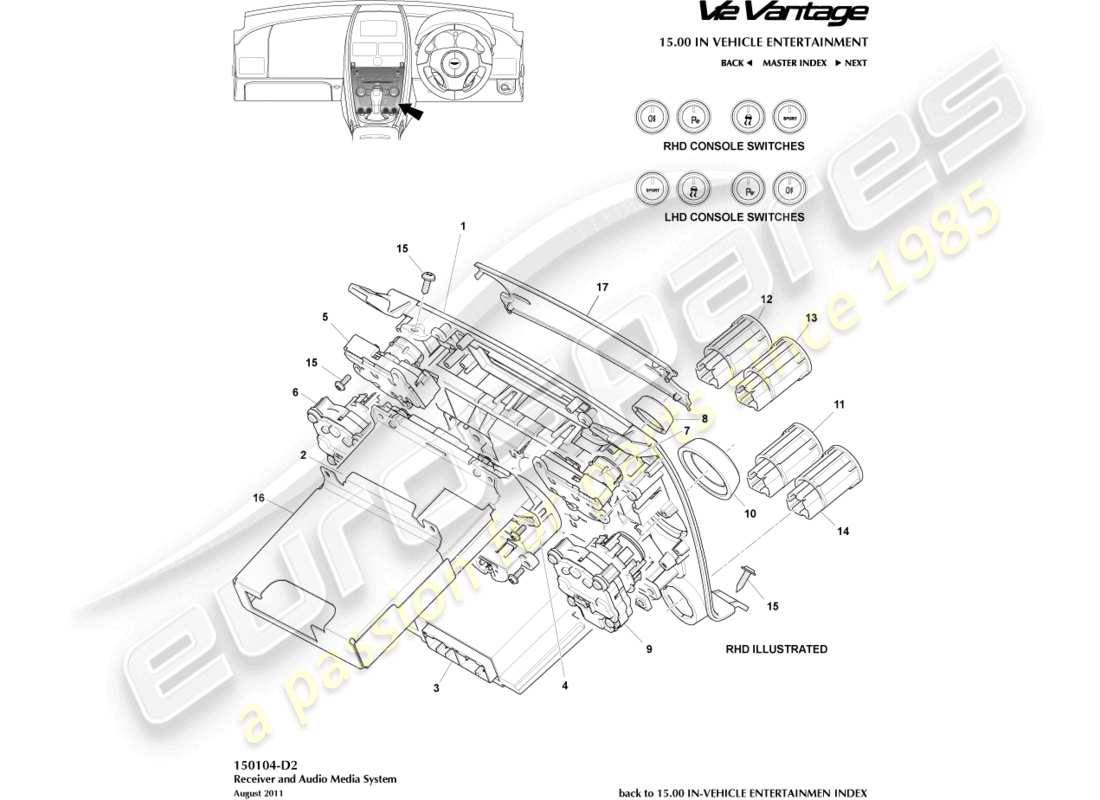 aston martin v12 vantage (2011) diagramma delle parti dei controlli multimediali