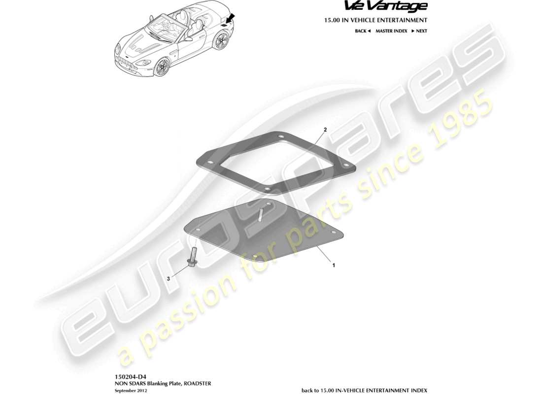 aston martin v12 vantage (2011) piastra di chiusura non sdars, diagramma delle parti roadster