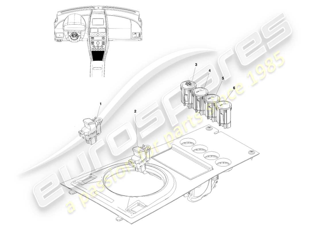 aston martin v8 vantage (2005) interruttori console, coupé, diagramma delle parti con guida a sinistra