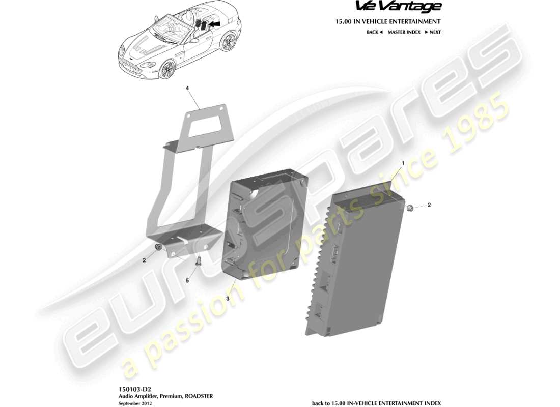 aston martin v12 vantage (2010) amplificatori premium, diagramma delle parti della roadster
