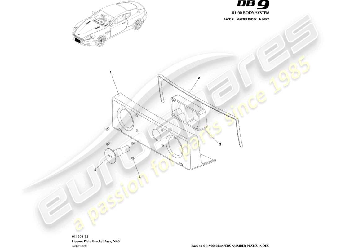 aston martin db9 (2011) kennzeichenhalter, nas teilediagramm