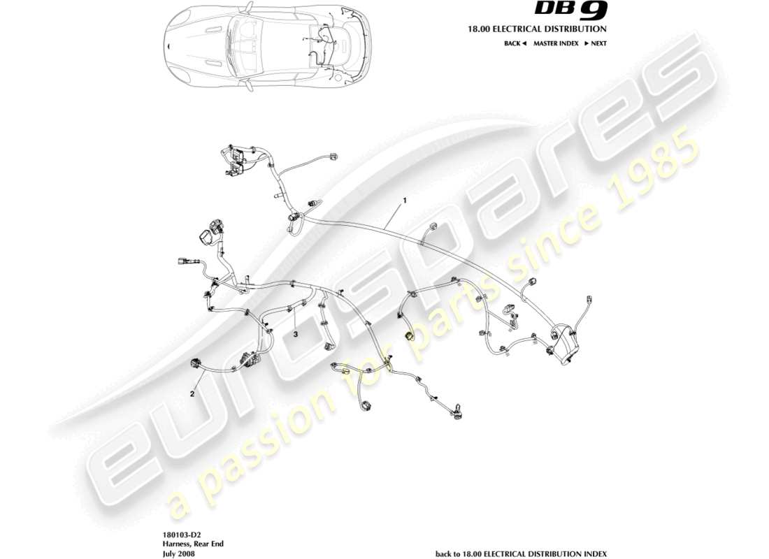 aston martin db9 (2010) diagramma delle parti del cablaggio dell'estremità posteriore