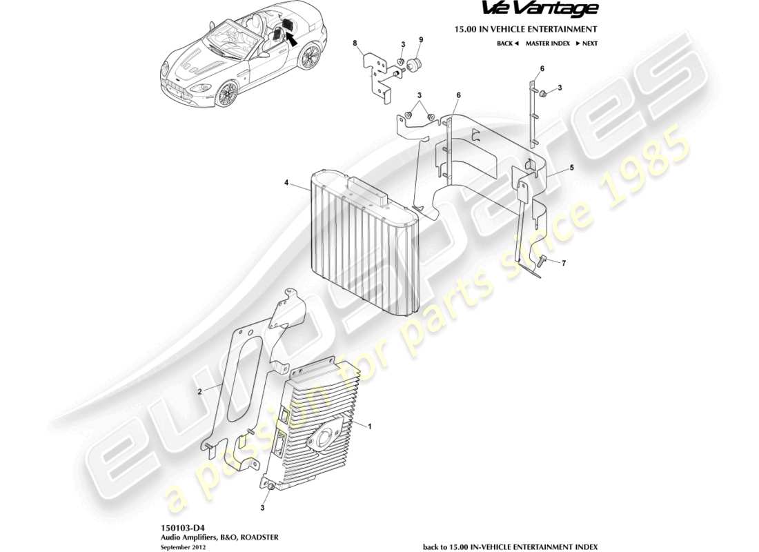 aston martin v12 vantage (2010) amplificatori b&o, diagramma delle parti della roadster