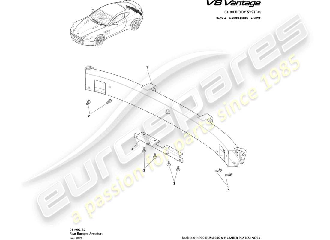 aston martin v8 vantage (2012) diagramma delle parti dell'armatura del paraurti posteriore